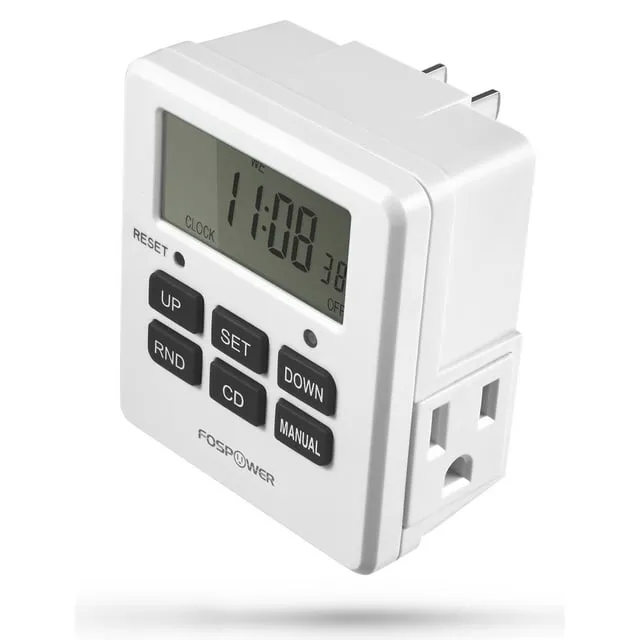 FosPower Timer Outlet [ETL Listed] 125V/15A LCD Digital Indoor Outlet Timer, 7 Day Programmable Timer with 2 AC Plug Capacity for Lights, Lamps, Fans & Electrical Outlets