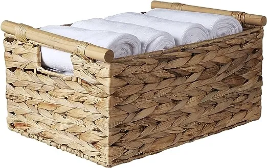 Natural Water Hyacinth Storage Baskets for Organizing Small Wicker Baskets With Handles, Woven rectangle Baskets for Storage Baskets for Shelves, Large Rectangular Towel Basket