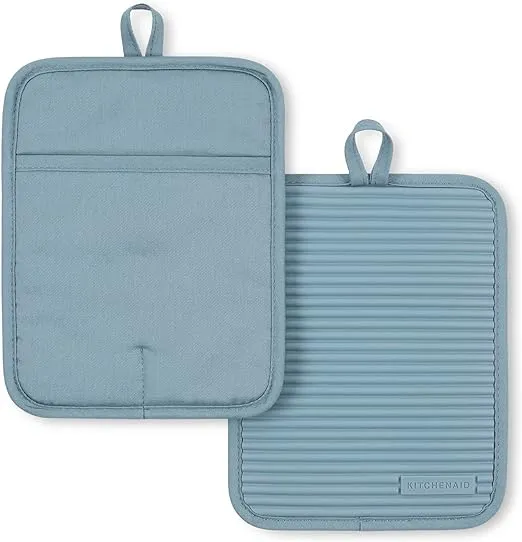 KitchenAid Ribbed Soft Silicone Pot Holder 2-Pack Set, Fog Blue, 7x9"