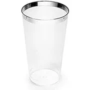 OCCASIONS 100 Pieces Wedding Party Disposable Plastic tumblers Cups (16 Oz, Clear & Silver Rimmed Tumbler)