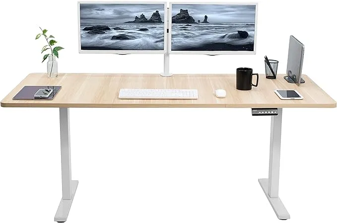 VIVO Electric Dual Motor 71” x 30” Standing Desk, Light Wood Top, White Frame