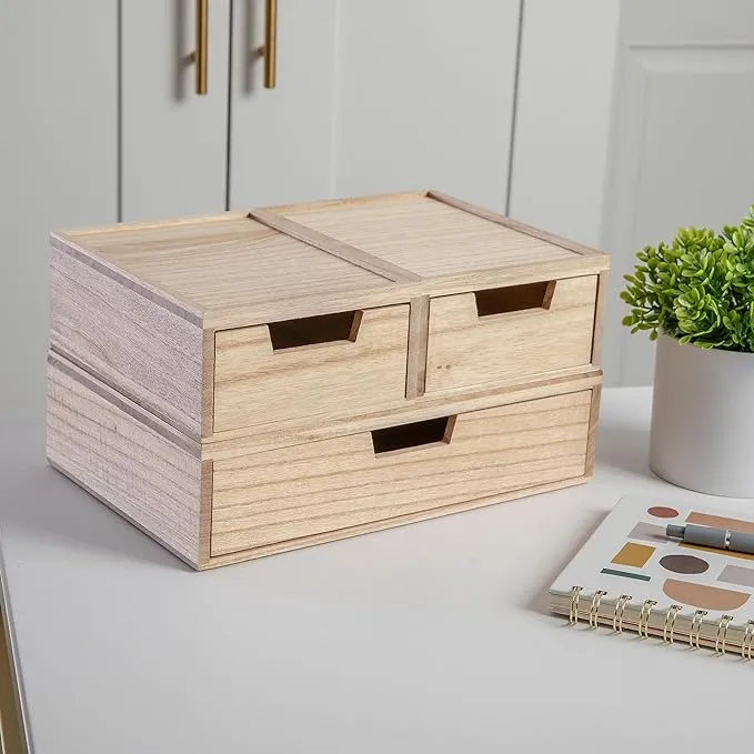 Martha Stewart Weston Stackable Wooden Storage Boxes with Pullout Drawers, Paulownia Wood Storage Organizers, 3 Pack, Light Natural