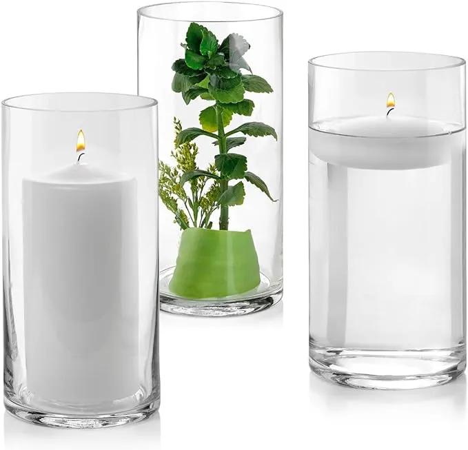 Set of 3 Glass Cylinder Vases 8 Inch Tall - Multi-use: Pillar Candle, Floating Candles Holders or Flower Vase – Perfect as a Wedding Centerpieces. (Clear)