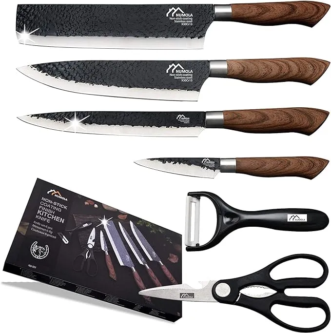 Numola 6 Pieces Black Professional Chef Knife Set, BBQ Meat Knives for Cooking, Forged Kitchen Knife with High Carbon Stainless Steel Cutlery Ergonomic Design Handle with Box for Couples Gift