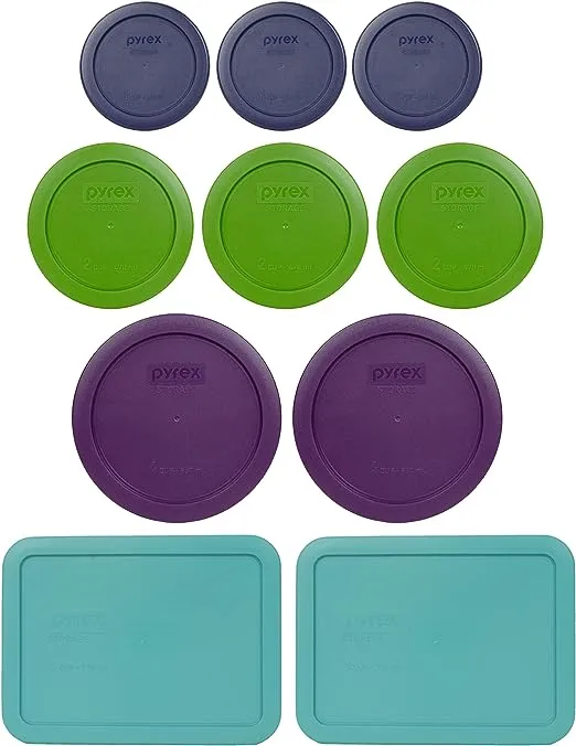 Pyrex (3) 7202-PC Dark Blue (3) 7200-PC Lawn Green (2) 7201-PC Purple and (2) 7210-PC Turquoise Plastic Replacement Lids