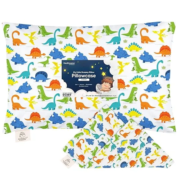 KeaBabies Funda de almohada para niños pequeños de 13 x 18 pulgadas, funda de almohada orgánica para niños y niños, funda de almohada de algodón 100 % natural para almohadas de sueño en miniatura, la almohada se vende por separado (Happy Dino)