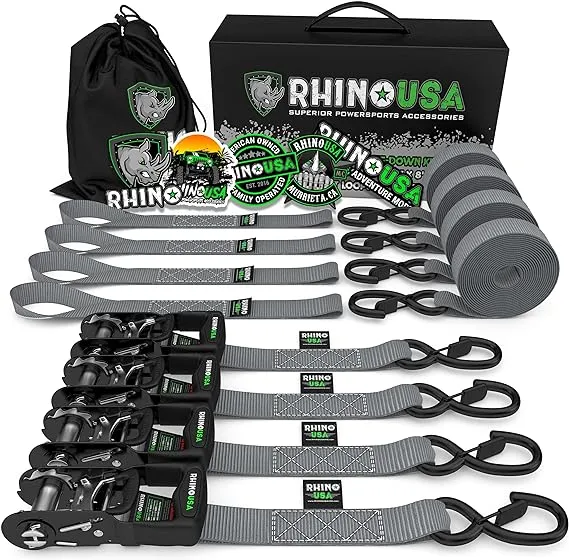 RHINO USA Juego de correas de trinquete, resistencia a la rotura de 5,208 lbs - Incluye (4) lazos de trinquete resistentes con asas acolchadas y