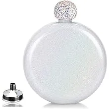 Cute Liquor Flask for Women,Junya Pretty Glitter Coating Whiskey Steel Flasks,Shining Rhinestone Cap,Portable Wine Flask for Drink Wedding Gifts for Women,5 oz (White)