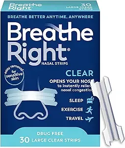 Breathe Right Nasenstreifen, transparent, groß, 30 Stück (Verpackung kann variieren)