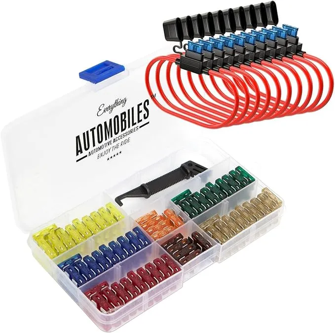 Inline Fuse Holder 12v 14AWG - Plus 120 Assorted ATC Car Fuses - Includes Fuse Puller Tool, 5, 7.5, 10, 15, 20, 25 and 30 Amp in Line Fuse Kit Automotive