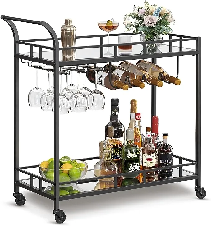 Wine Cart with 2 Mirrored Shelves Black / 15”D x 33.9”W x 35.4”H