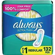 Always Ultra Thin, Feminine Pads For Women, Size 1 Regular Absorbency, Without Wings, Unscented, 44 Count x 3 (132 Count Total)