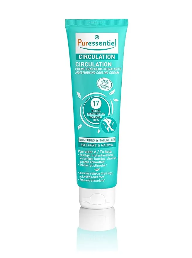 Puressentiel Circulation Moisturizing Cooling Cream - Aromatherapy Cream for Muscle Tension - Revive Sore, Tired Joints - Natural, Plant Based, Alcohol Free Massage Oil Blend - 3.4 Oz