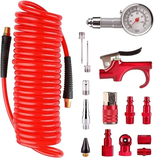 Hromee 16 Pieces Air Compressor Accessory Kit with 1/4 Inch Recoil Poly Air Hose, Blow Gun and Fittings Inflation Kit with Needles, Ball Chuck and Tire Pressure Gauge