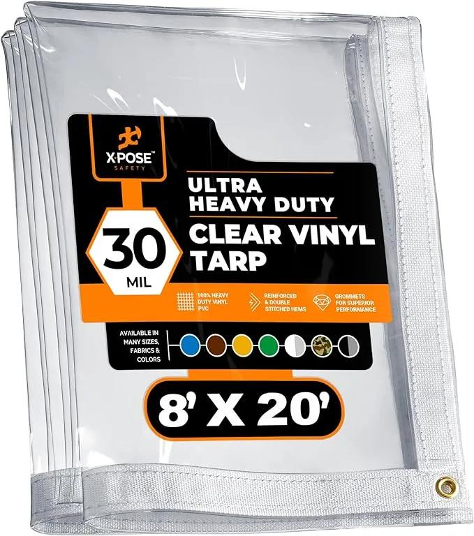 8' x 20' Clear Vinyl Tarp - 30 Mil Super Heavy Duty Transparent Waterproof PVC Tarpaulin with Brass Grommets - for Patio Enclosure, Temporary Wall, Camping, Tent Cover, Canopy - by Xpose Safety