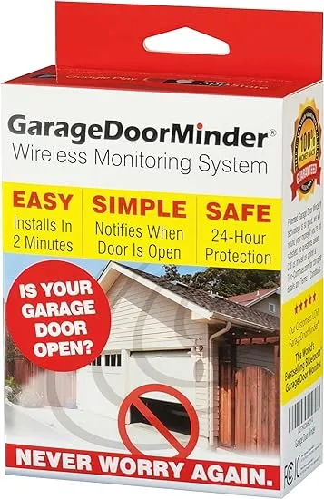 Garage Door Minder® Version II. 100% Wireless. Installs in Two Minutes! No Wi-Fi. in-Home Monitor & Alert System. Great for Seniors!