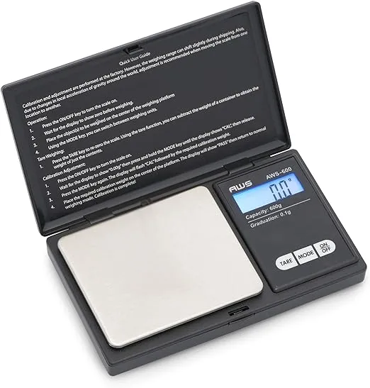 AMERICAN WEIGH SCALES AWS-600 Digital Pocket Weight Scale,Digital Gram Scale,Jewelry Scale,Food Scale,Medicine Scale,Kitchen Scale,Small Pocket Scales, Backlit LCD- 600 G x 0.1 G - (Black)