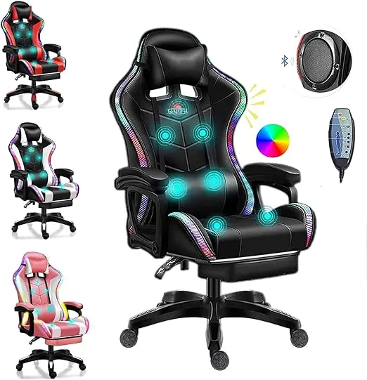 Gaming Chair with Bluetooth Speakers, Video Game Chairs with LED Light, Full Massage Lumbar Support and Backrest Adjustable Ergonomic Pro Computer Chair with Retractible Footrest,Black