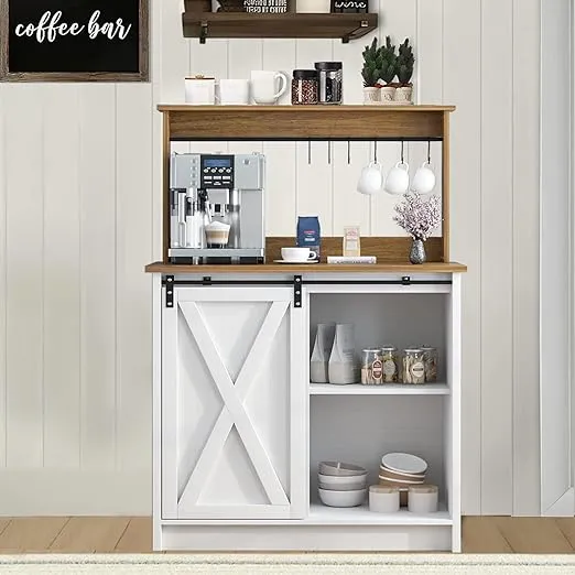 Farmhouse Coffee Wine Bar Cabinet with 6 Hooks, Sliding Barn Door, 47’’ Sideboard Buffet Cabinet with Adjustable Shelf for Kitchen, Dining Living Room, White