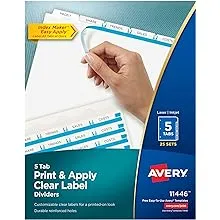 Avery - Print and Apply Index Maker Clear Label Dividers, 5 White Tabs, Letter, 25 Sets