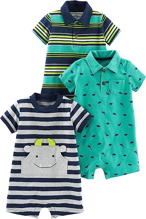 Simple Joys by Carter's Baby Boys' Rompers, Pack of 3, Green Dinosaur/Navy Stripe/Yellow Stripe, 6-9 Months