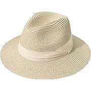 Lanzom Women Wide Brim Straw Panama Roll Up Hat Fedora Beach Sun Hat Upf50+ (Khaki) One Size