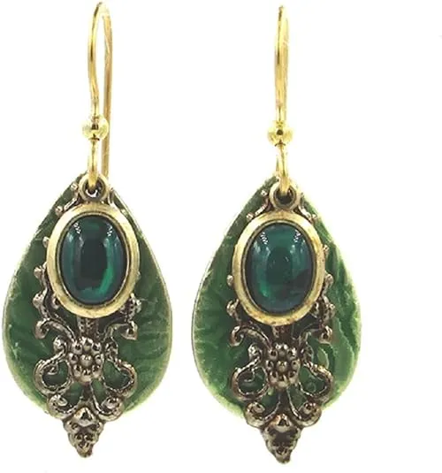 Silver Forest Green Abalone Layered Drop Earrings