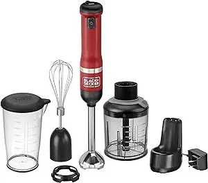 BLACK+DECKER Kitchen Wand Cordless Immersion Blender, 3 in 1 Multi Tool Set, Hand Blender with Charging Dock, Whisk, and Chopper, Red (BCKM1013K06)