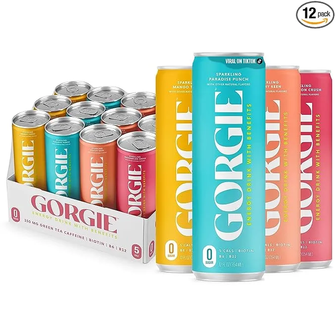 GORGIE Bestsellers Variety, Sugar-Free Natural Energy Drink Sparkling, Healthy Energy Drinks - Green Tea, Biotin, B Vitamins -150mg Caffeine, Vegan, & Low Calorie (Pack of 12)