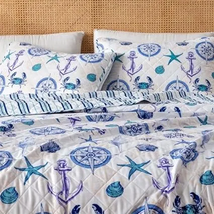 Full / Queen Coastal Quilt Bedding Set, Summer Coastal Quilt with Shams, Beach 3-Piece Reversible Bedspread Quilt Set. Lightweight Nautical Quilted Coverlet. Azure Collection, Blue Seashells