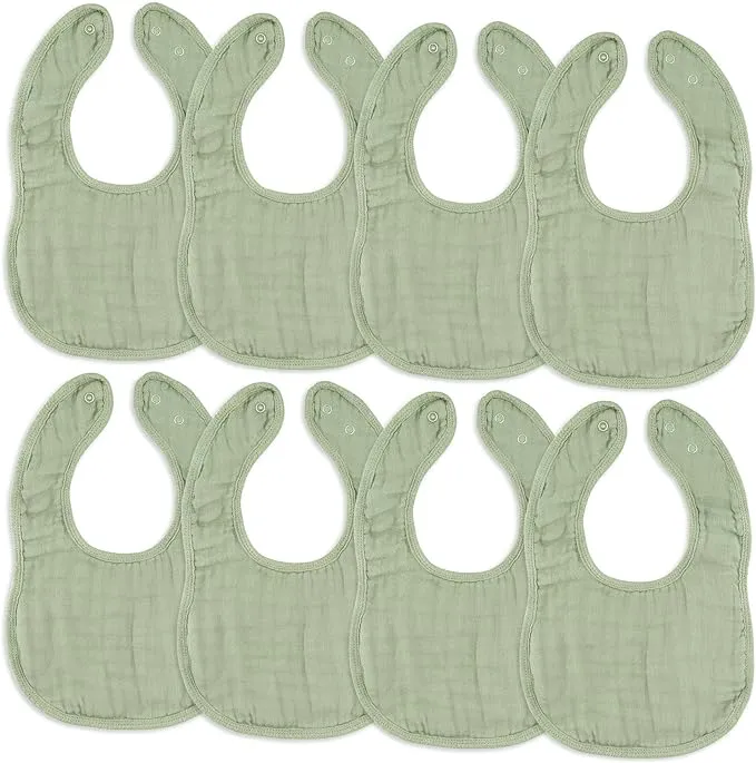 Muslin Cotton Baby Bibs, 8 Pack, Adjustable Size with Easy Snaps, Soft and Super Absorbent, Washable and Reusable by Comfy Cubs - Sage