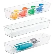 mDesign Plastic Kitchen Cabinet Drawer Organizer Tray - Storage Bin for Cutlery, Serving Spoons, Cooking Utensils, Gadgets - BPA Free, Food Safe, 12" Long, 3 Pack - Clear