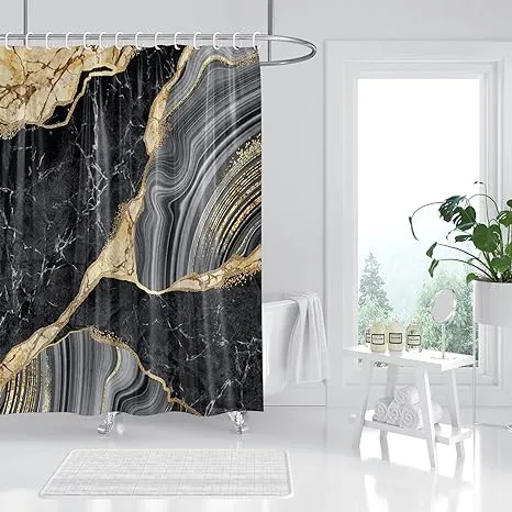 Marble Shower Curtain, Black Marble Shower Curtain Set, Abstract Luxury Black Gray Gold Texture Marble Bathtub Shower Curtains for Bathroom, Waterproof Fabric with 12 Hooks, 72 x 72 inches