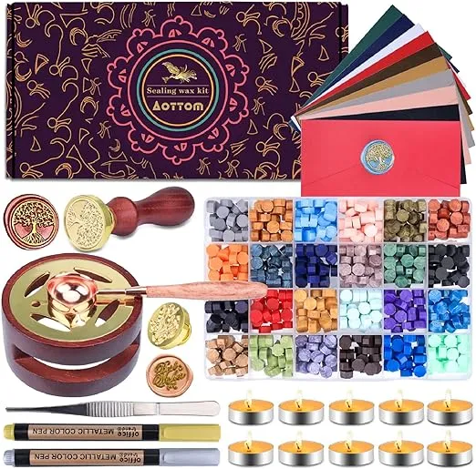 Wax Seal Stamp Kit with Gift Box, Aottom Wax Letter Seal Kit with 24 Colors 650 Pcs Wax Seal Beads, Sealing Wax Warmer, Envelopes, Candles, Wax Stamp, Metallic Pen for Gift and Decoration