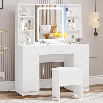 Ironck Vanity Desk Set with Large LED Lighted Mirror & Power Outlet, 7 Drawers Vanities Dressing Makeup Table with Storage Bench, for Bedroom, Industr