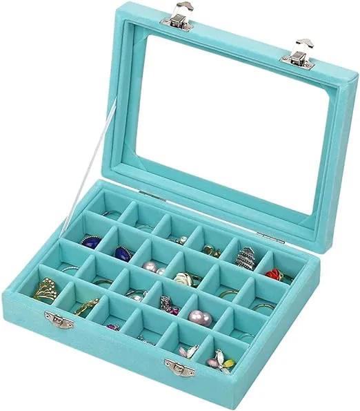 24 Grids Velvet Glass Ring Earrings Jewelry Box Earrings Organiser Storage Holder Display Case