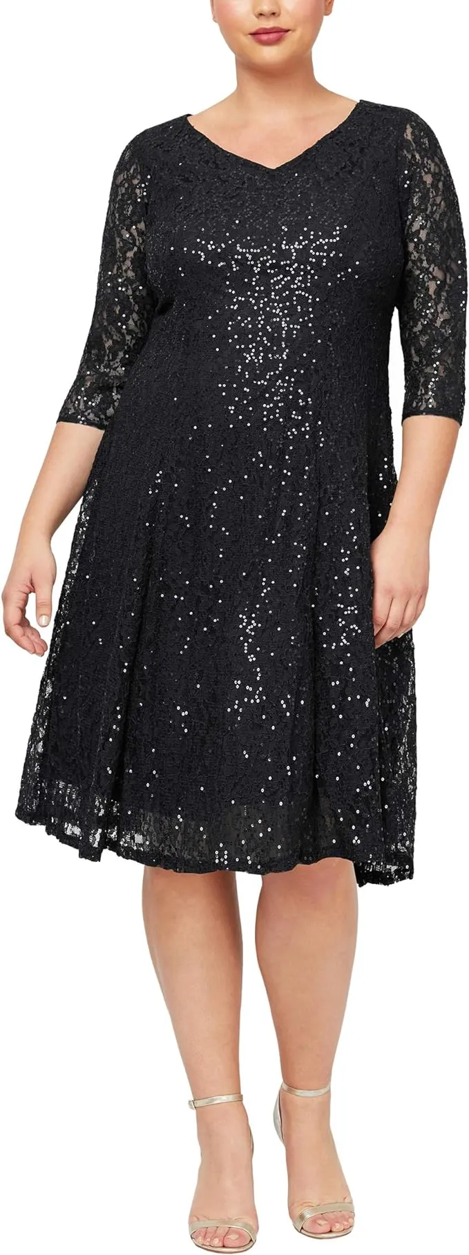 S.L. Fashions Women's Plus Size Sequin Lace Fit and Flare Dress