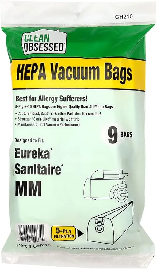 Clean Obsessed H-10 HEPA Bags Type MM Bags Replacement For Eureka Mighty Mite Models 3670, 3680 & Sanitaire Models S3680 & 3680. - 9 Cloth HEPA Bags per package