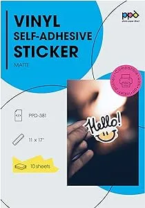 PPD Printable Vinyl Sticker Paper for Inkjet Printer, Matte Sticker Paper 11 x 17, Self-Adhesive Print Your Own Stickers at Home, Custom Photo, Waterproof & Tear Resistant, Instant Dry (10 Sheets)