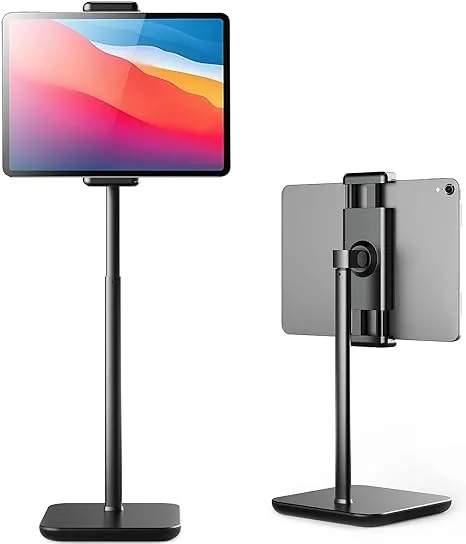 Adjustable iPad Stand with 21" Height Extension, 360° Swivel Tablet Holder for Desk, Surface Pro Stand, Portable Monitor Stand Compatibility with 4.7-15.6" Tablets and Smartphones, Display - Black