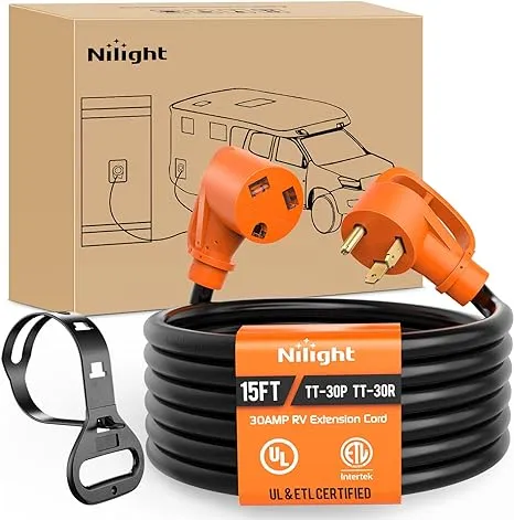 Nilight 30 Amp 15ft RV Extension Cord 125V Heavy Duty 10 Gauge Pure Copper STW Wire UL ETL Listed 3 Prong TT-30P TT-30R 30F/30M Weatherproof Cord