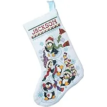 Janlynn 80-0477 Penguin Joy Stocking Counted Cross Stitch Kit, 18" diagonally, Light Blue