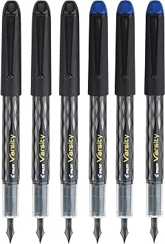 Pilot Varsity Disposable Fountain 6 Pack Combo 3 Black Pens and 3 Blue Pens