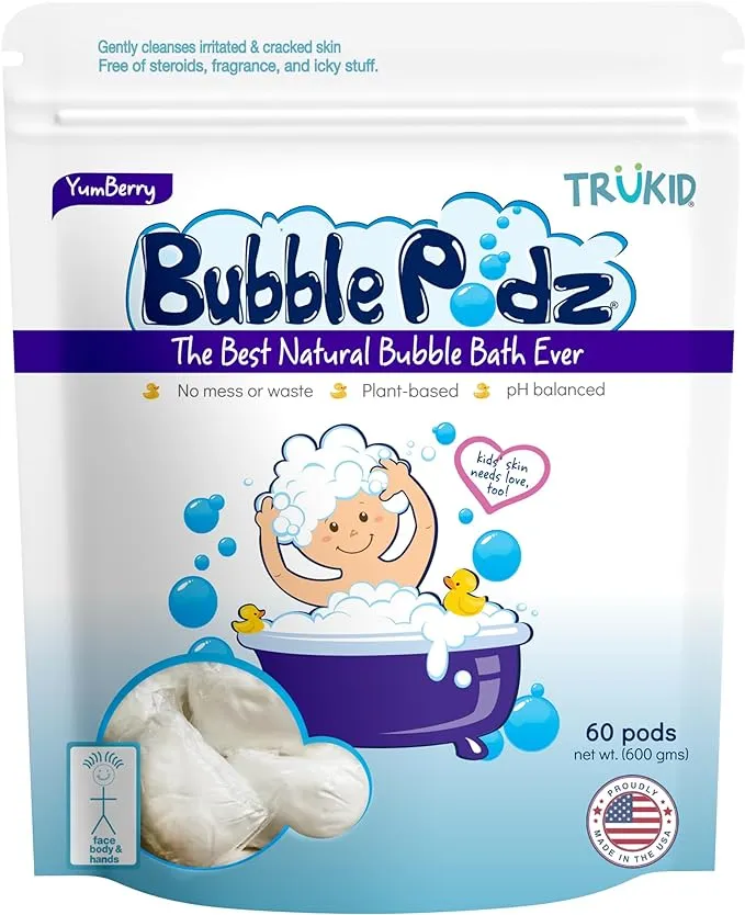 TruKid Bubble Podz Bubble Bath for Baby & Kids, Gentle Refreshing Bath Bomb for Sensitive Skin, pH Balance 7 for Eye Sensitivity, Natural Moisturizers and Ingredients, Yumberry (60 Podz)TruKid Bubble Podz Bubble Bath for Baby & Kids, Gentle Refreshing Ba