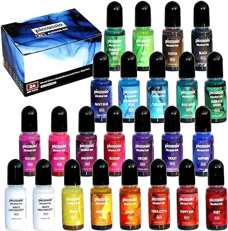 Alcohol Ink Set - 24 Highly Saturated Alcohol Inks - Fast-Drying and Permanent Inks - Versatile Alcohol Ink for Epoxy Resin, Tumblers, Fluid Art Painting, Glass, Metal etc.