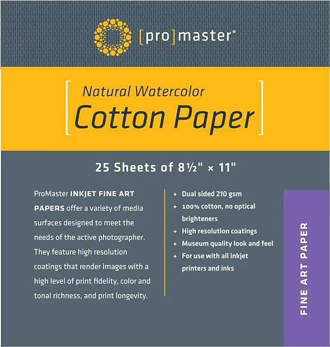 ProMaster Natural Watercolor Cotton Paper - 8 1/2"x11" - 25 Sheets, (Model 5362)