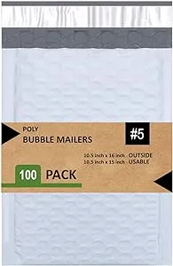 5 Poly Bubble Mailers 10.5X16 Inches Padded Envelope Mailer Waterproof Pack of 100 , White