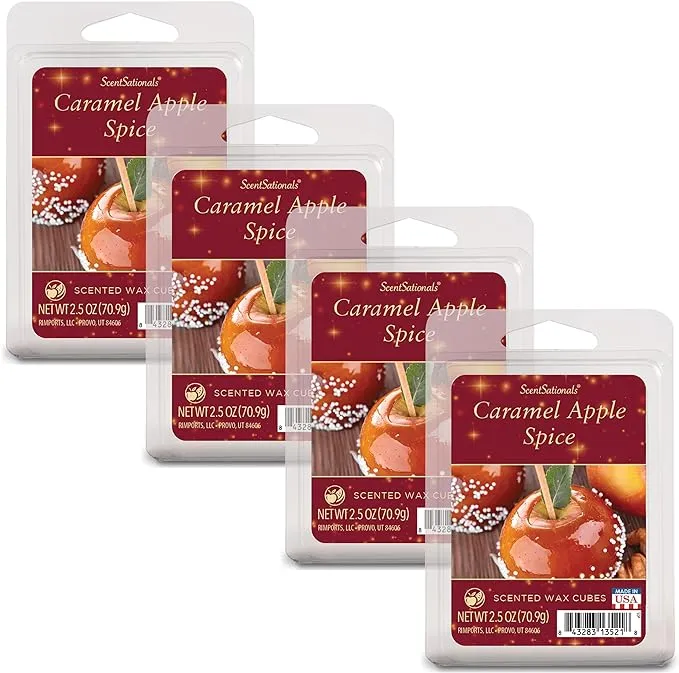 Scentsationals Scented Wax Fragrance Melts - Holiday Collection - Wax Cubes Pack, Home Warmer Tart, Electric Wickless Candle Bar Air Freshener - 2.5 oz (4-Pack) (Caramel Apple Spice)