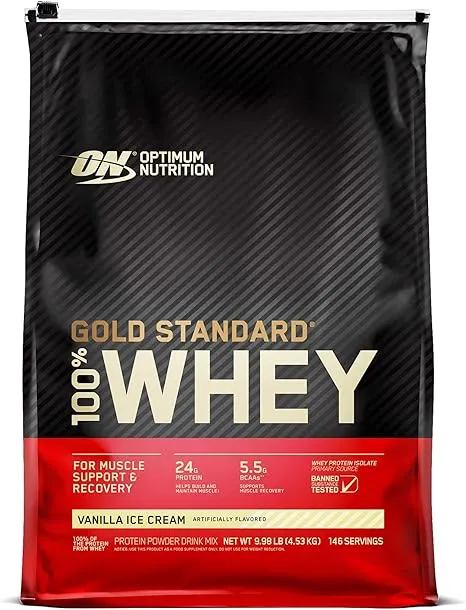 Optimum Nutrition Gold Standard 100% Whey Protein Powder, Vanilla Ice Cream, 5 Pound (Packaging May Vary)