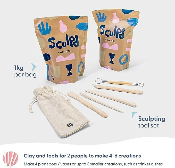 Sculpd Pottery Kit, Air Dry Clay Starter Kit for Beginners with Matte Varnish, Pottery Kit for Two Includes Paint, Tool Set, Paintbrushes, Sponge and Step-by-Step Guide, Air Drying Clay Kit for Adults